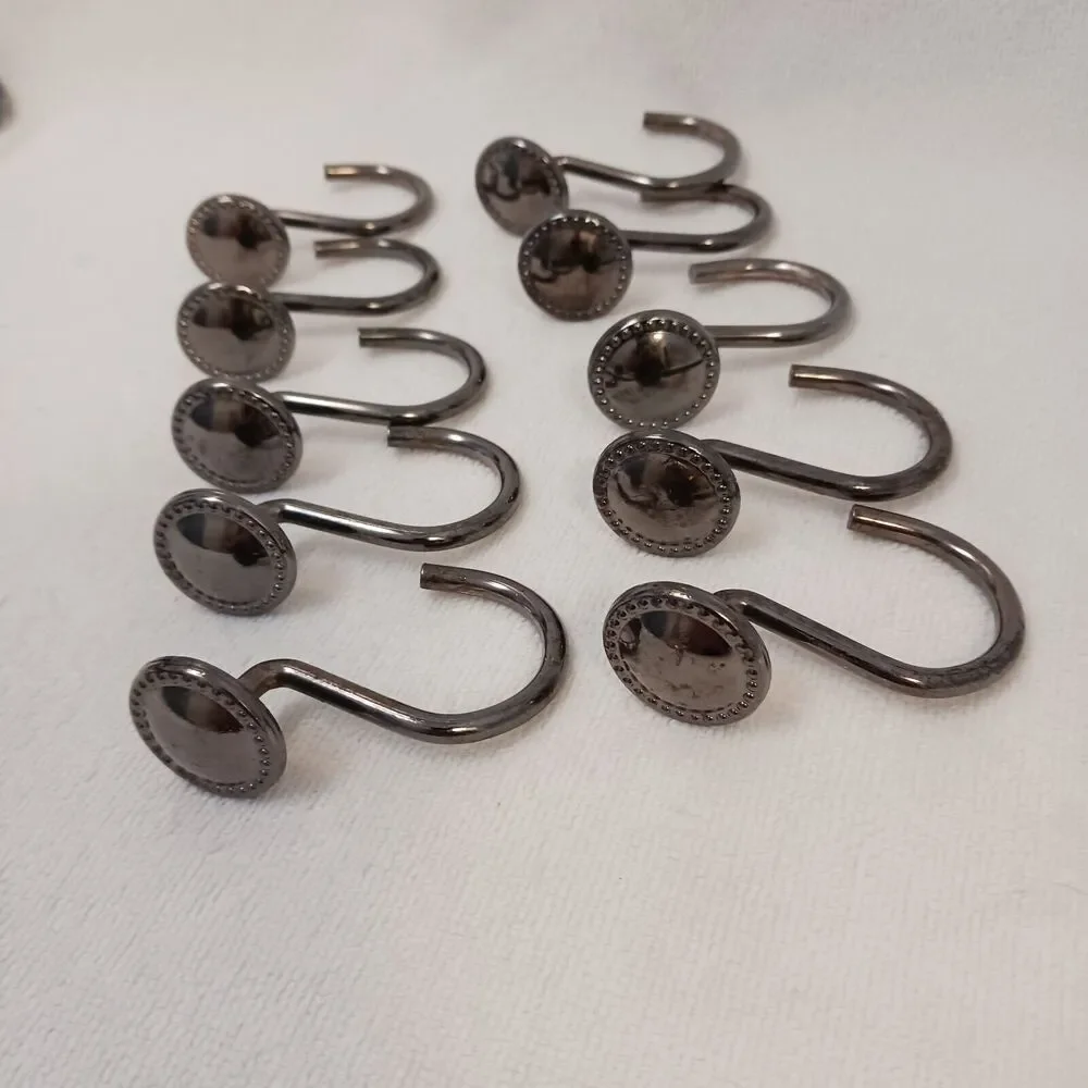 10 Shower‎ Curtain Hooks LUXE Decor Button Style Polished Gunmetal Dark PRETTY!